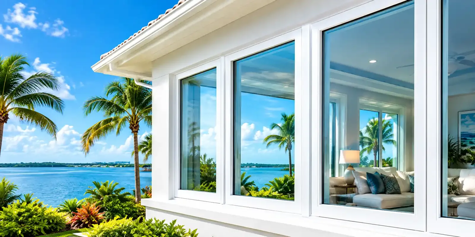 Impact windows on a Florida home overlooking the waterfront, highlighting energy efficiency, hurricane protection, and modern coastal design.